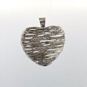 Estate Sterling Silver 925 Heart Pendant Textured Lines & CZ, 36.6mm, 6.7g